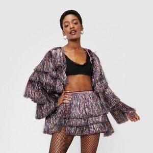 Metallic Tiered Tinsel Fringe Open Front Jacket